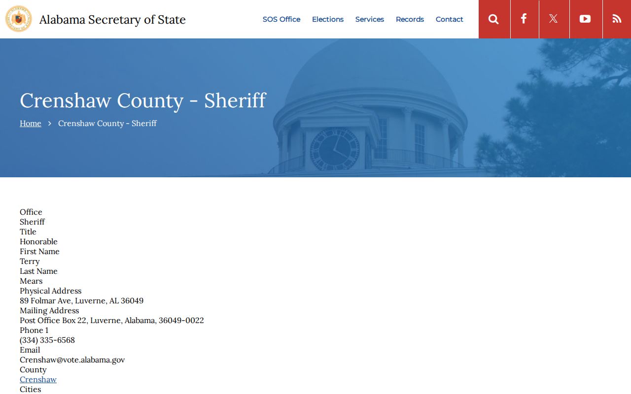 Alabama state directory used to verify the Crenshaw County sheriff contact