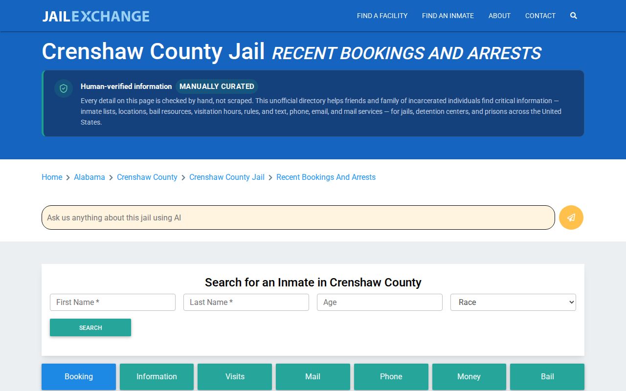Unofficial JailExchange page for Crenshaw County recent bookings