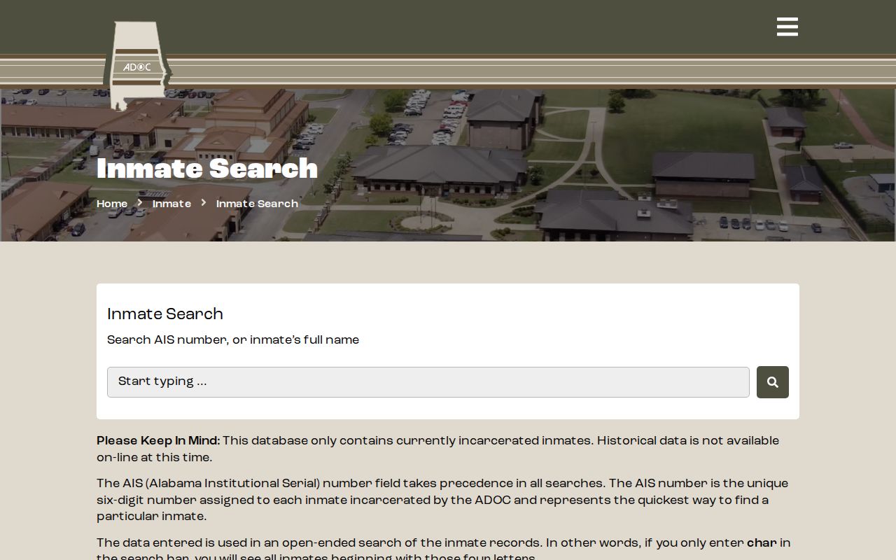 Alabama Department of Corrections official inmate name and AIS search form