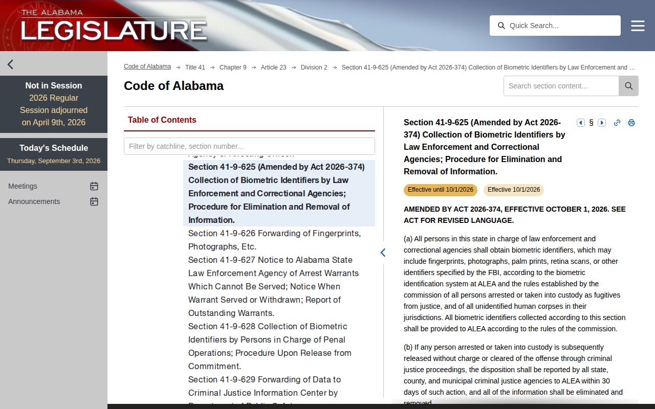 Official Alabama Legislature page for arrest-photo and biometric statute 41-9-625