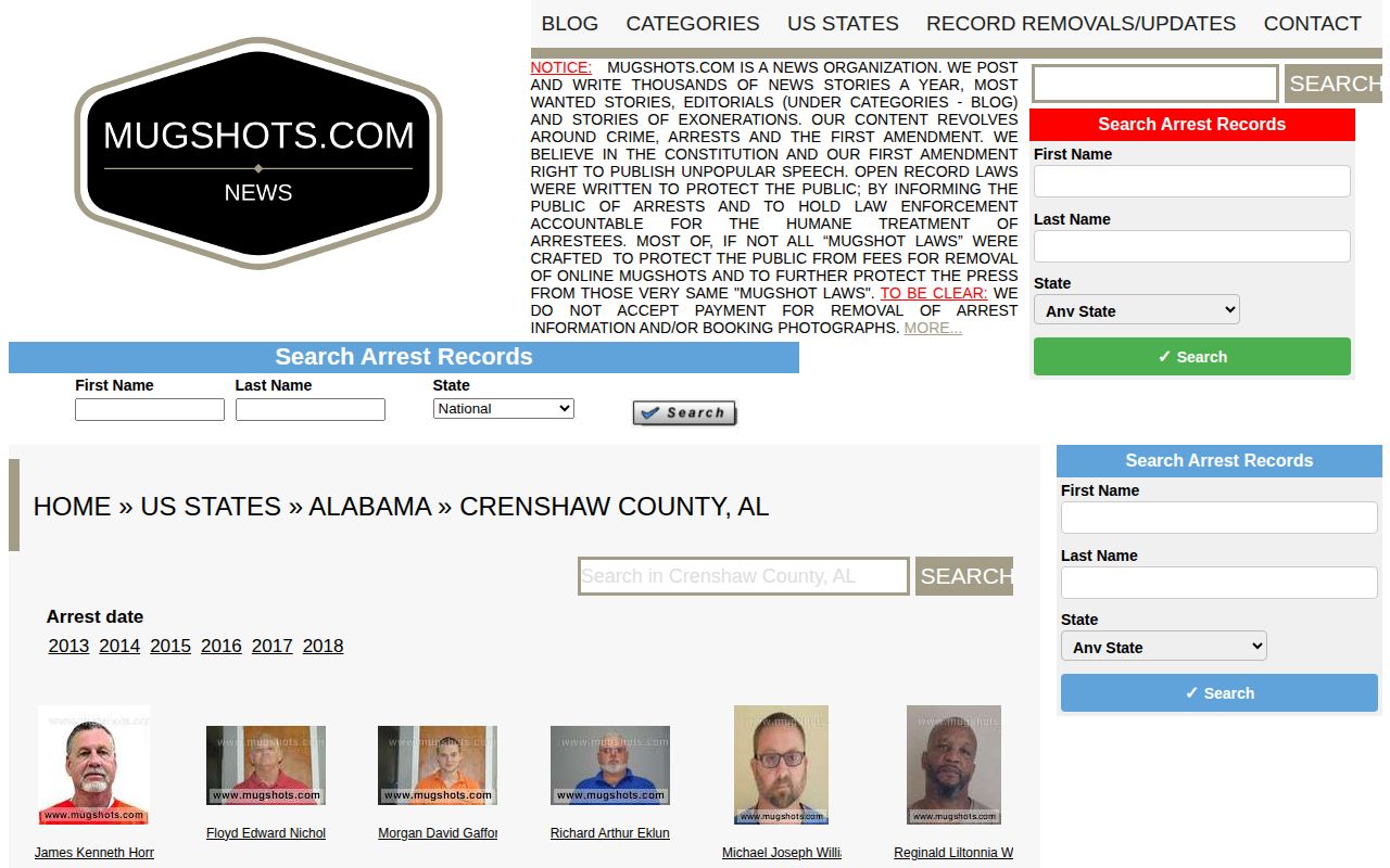 Unofficial Mugshots.com Crenshaw County landing page capture