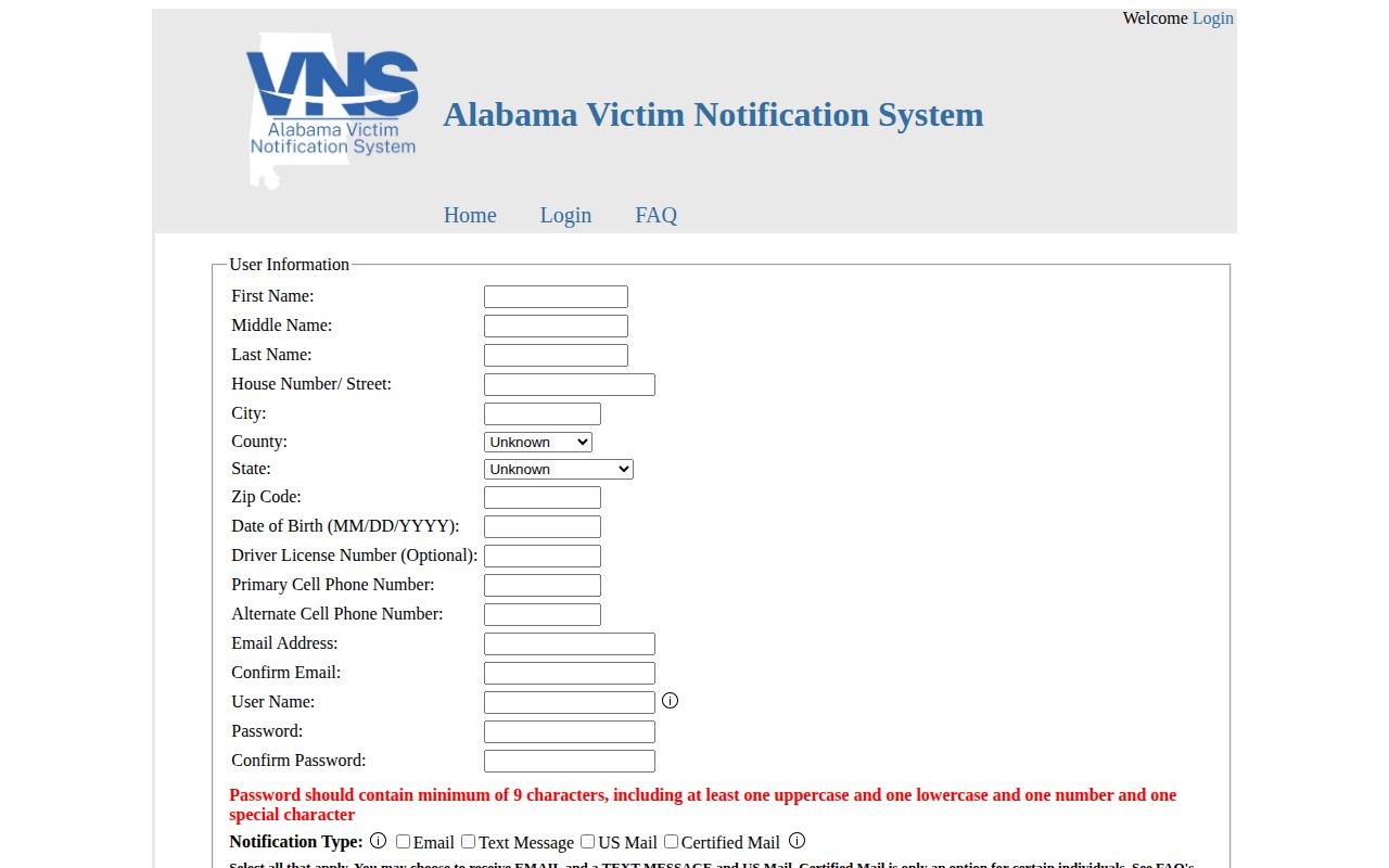 Alabama VNS new user registration screen