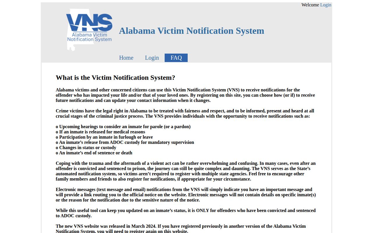 Alabama Victim Notification System FAQ explaining state-prison scope
