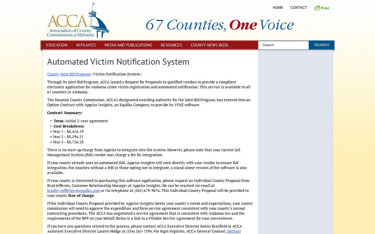 Association of County Commissions of Alabama explanation of county VINE availability
